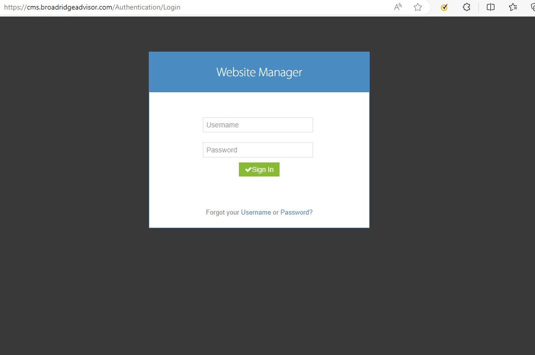 Website Manager Login Screen